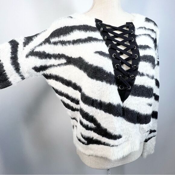 Y2K Express Fuzzy Zebra Animal Print Lace Up Sweater XS - Picture 4 of 11